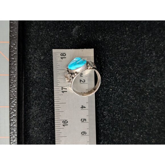 Vintage Turquoise Ring Intricate Silver Leaf Design Southwestern Statement - Picture 10 of 14